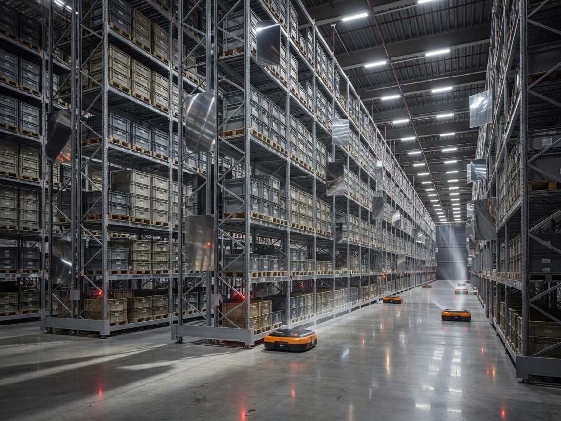 Automated logistics warehouse steel racks showing multi-path signal reflection environment